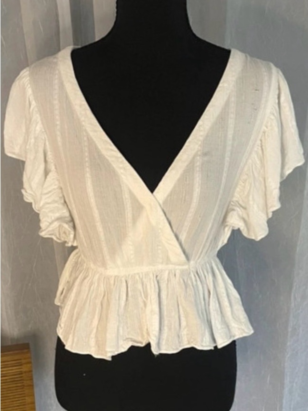 Grade & Gather White Peplum Blouse, V-Neck cottage core, Small